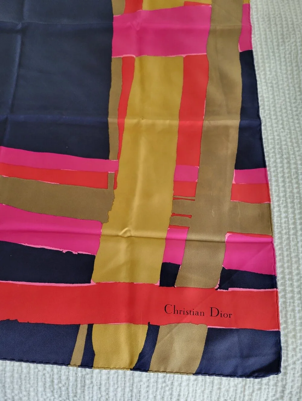 Vintage Dior Navy, Hot Pink, Red & Gold Geometric Silk Scarf 30